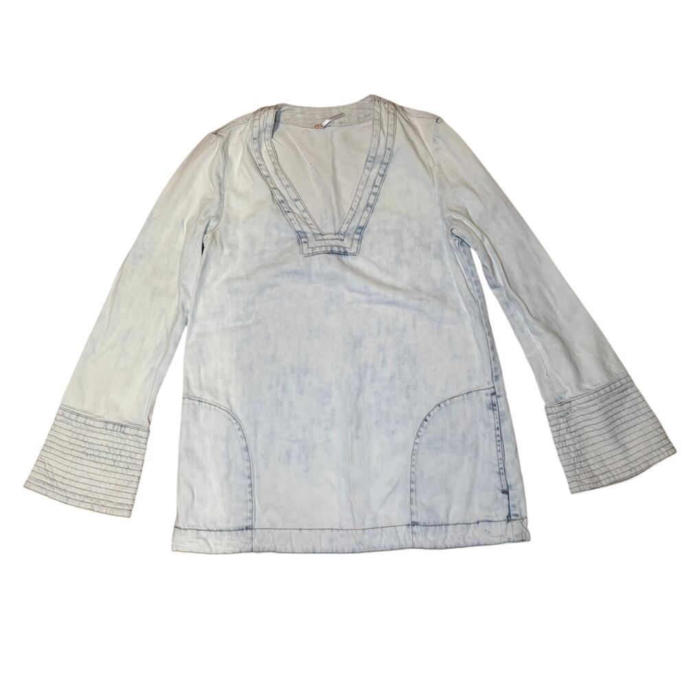 Free People Tunic Top XS White Acid Wash Boho Long Sleeve Oversized Shirt - Picture 2 of 6